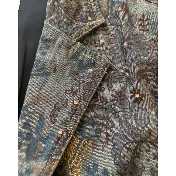 Chicos Embellished Denim Jacket Size 2 Floral Print Beaded Boho Festival - Picture 3 of 7